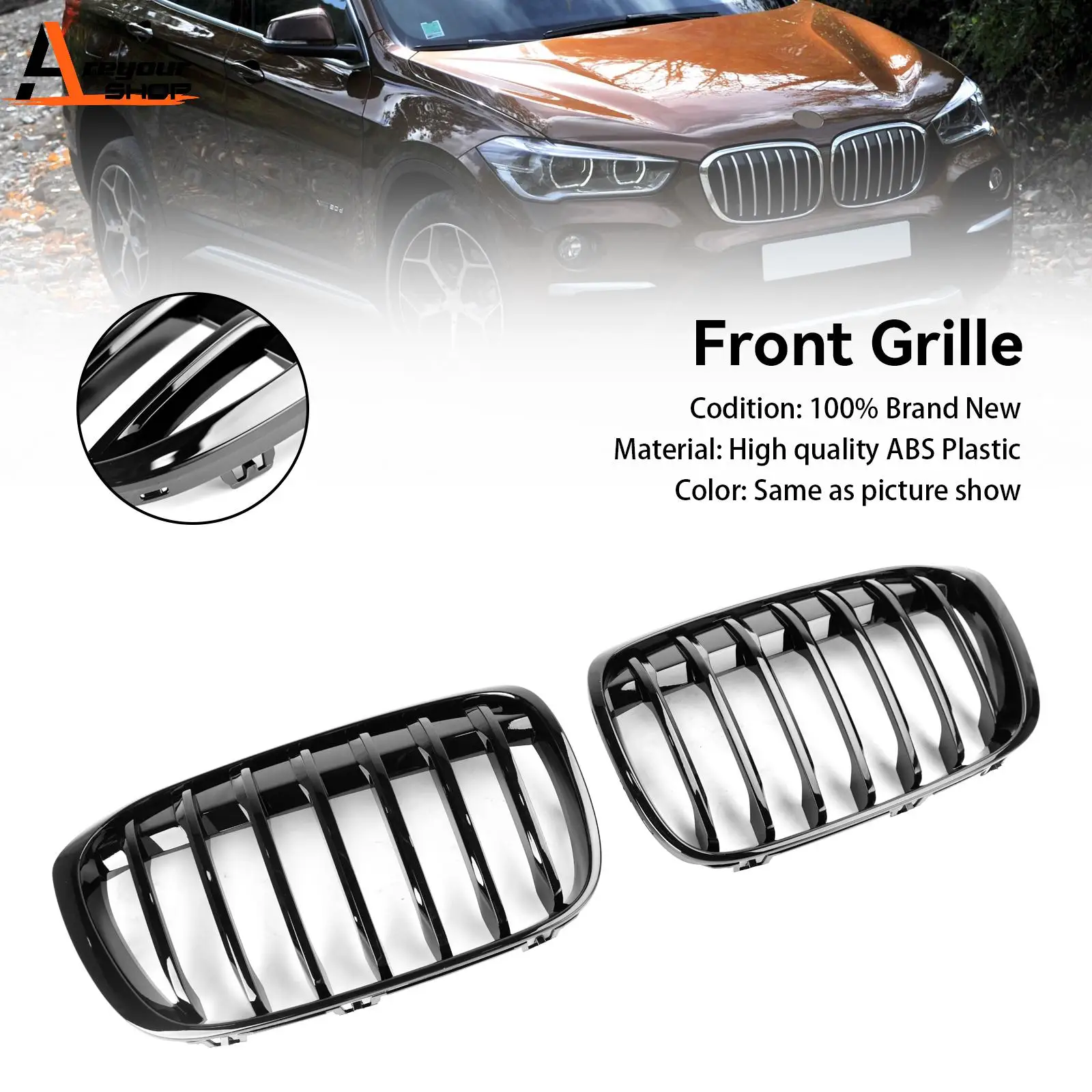 Areyourshop 2PCS Gloss Black Front Kidney Grille Grill Fit BMW X1 F48 F49 2016 2017 2018