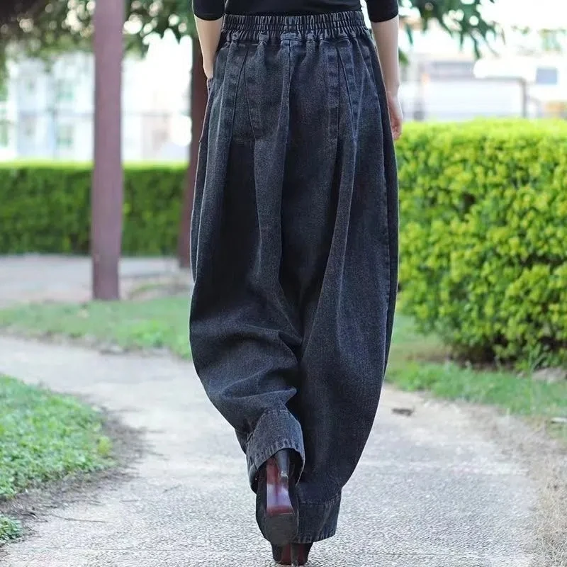 Loose Elastic Waist Wide Leg Pants Women Jeans New Arrival Fashion Vintage Casual Cross Pants Large Size Fall Winter Female Mom