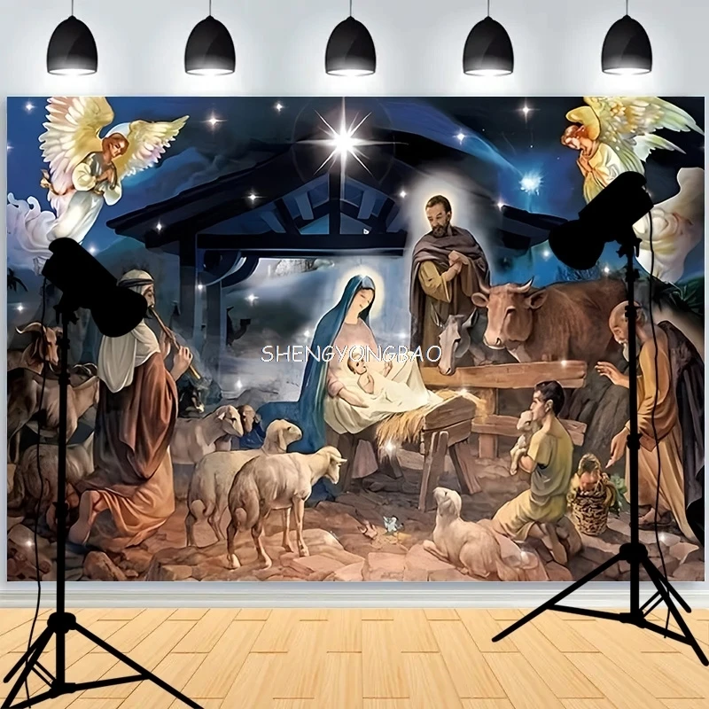 

SHENGYONGBAO Nativity Scene Manger Photography Backdrops Props Christmas Day Fireplace Birth of Jesus New Year Background RD-94