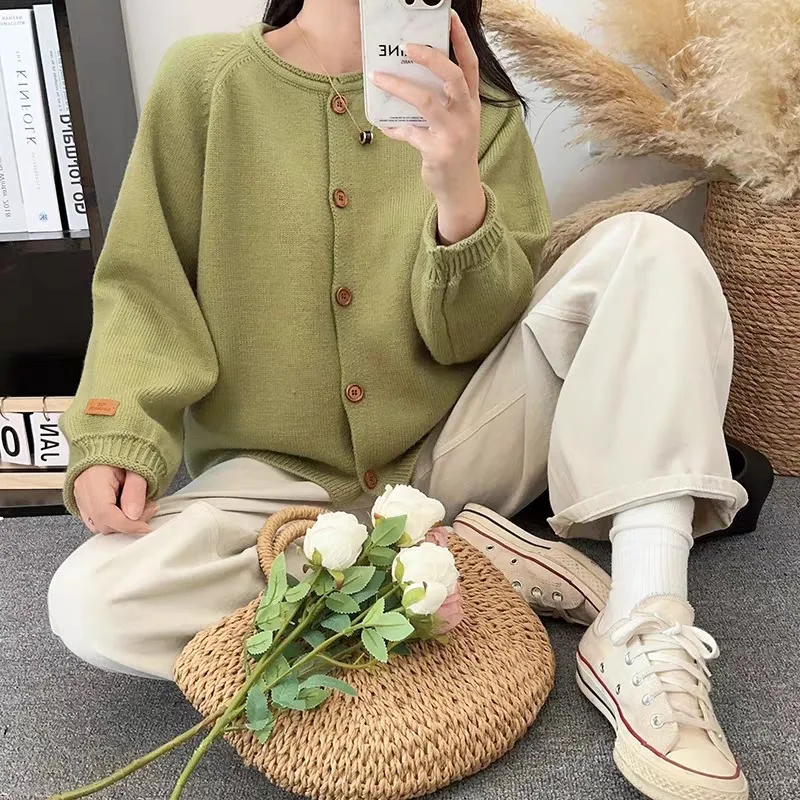 Autumn Vintage Fashion Solid Knit Cardigan Women Clothing Simple Casual Loose Chic Sweaters Wool Fashion Knitwear Tops