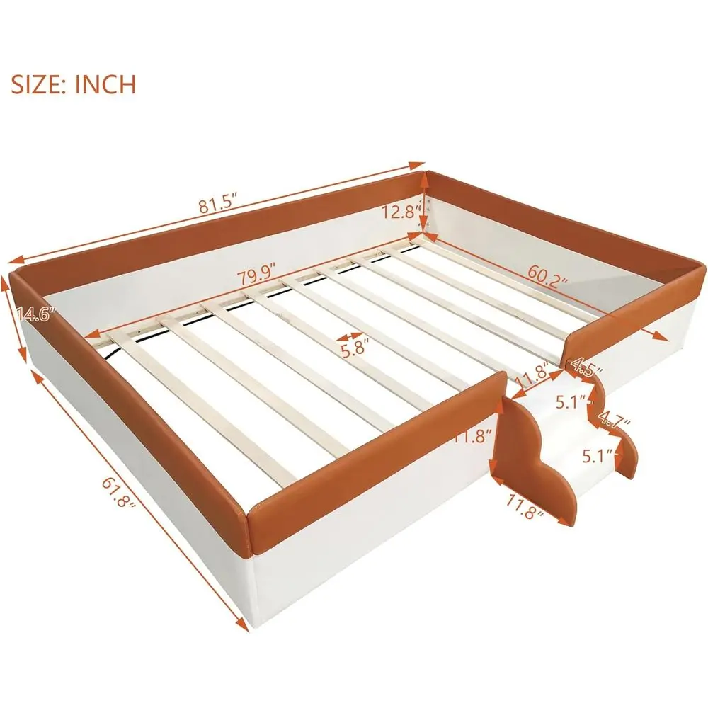 MeQueen Size Upholstered Kids Daybed e with ence and Stairs, Wood Bed or Living Room, loor Bed, White+Brown