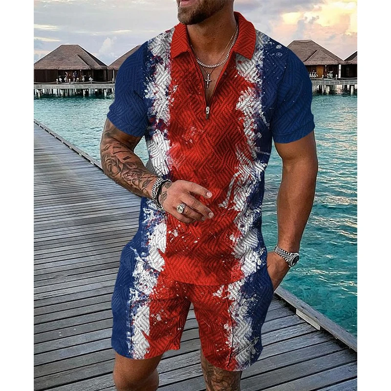 

New Summer Men's Fashion Print Lapel Short-Sleeved Polo Shirt Suit 2 Piece Set Ropa Barata Ropa Deportiva Conjuntos Para Hombres