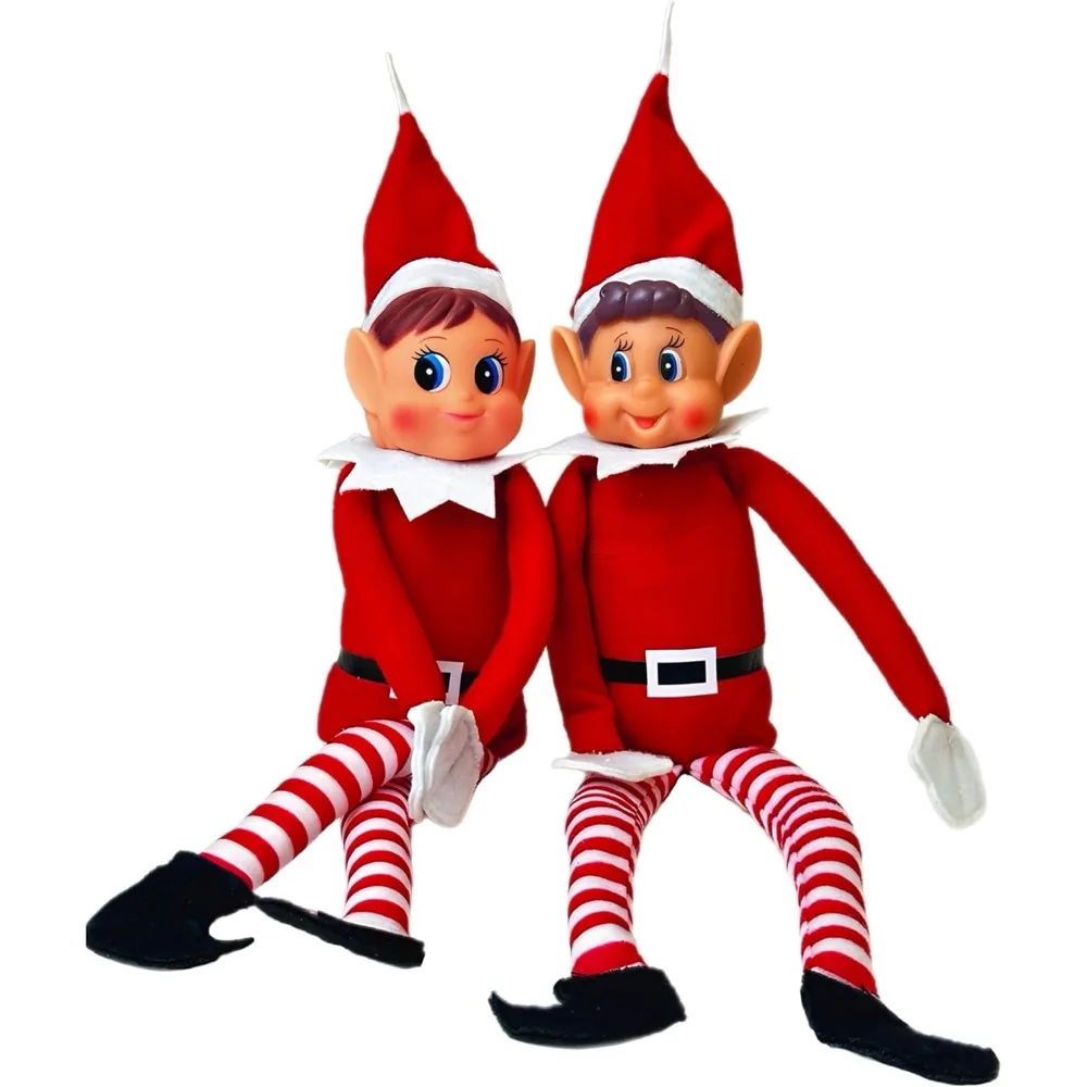 Set of 2 Naughty Little Xmas Elves Playful Elf Figure Hook and Loop Grip Elves Behavin Badly Christmas Family Elfie Toy Boy Girl