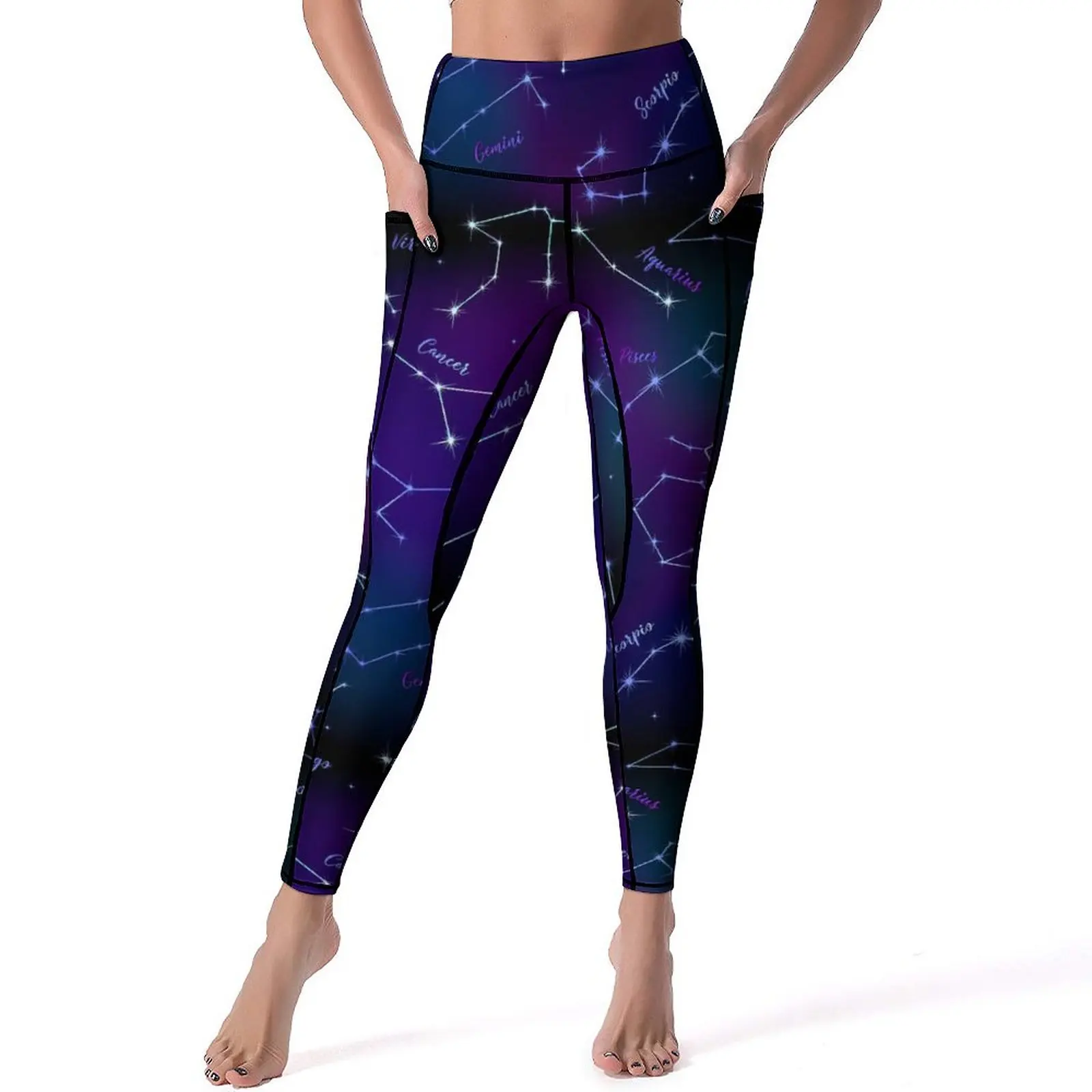 

Astrology Print Yoga Pants With Pockets Stars Space Leggings Sexy Push Up Casual Yoga Sports Tights Elastic Design Gym Leggins