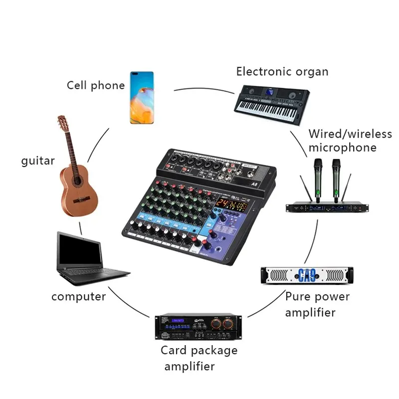 Mixer Audio profesional A8 konsol Mixing suara 8 saluran, Mixer Audio profesional mendukung Bluetooth USB 48V Antarmuka Daya untuk perekaman pesta Karaoke