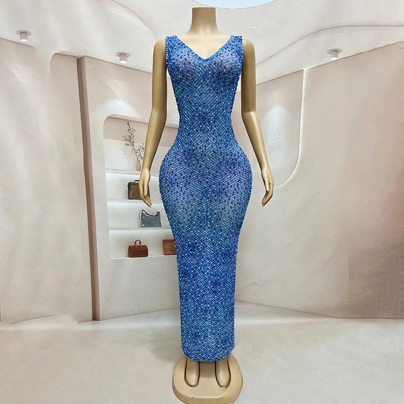 

2025Elegant Sparkling Blue Rhinestone Dress Cocktail Party Evening Dress Miss Universe Chooses Beautiful Clothes Car Show Model