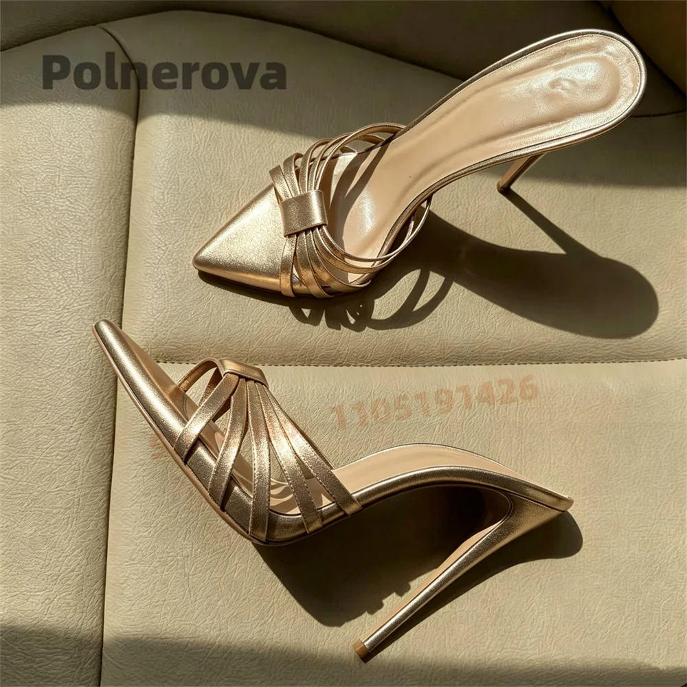 White Pointed Toe Mules Slippers Women Multi Thin Straps Stiletto High Heels Slip On Sandals Elegant Summer Party Dress Shoes