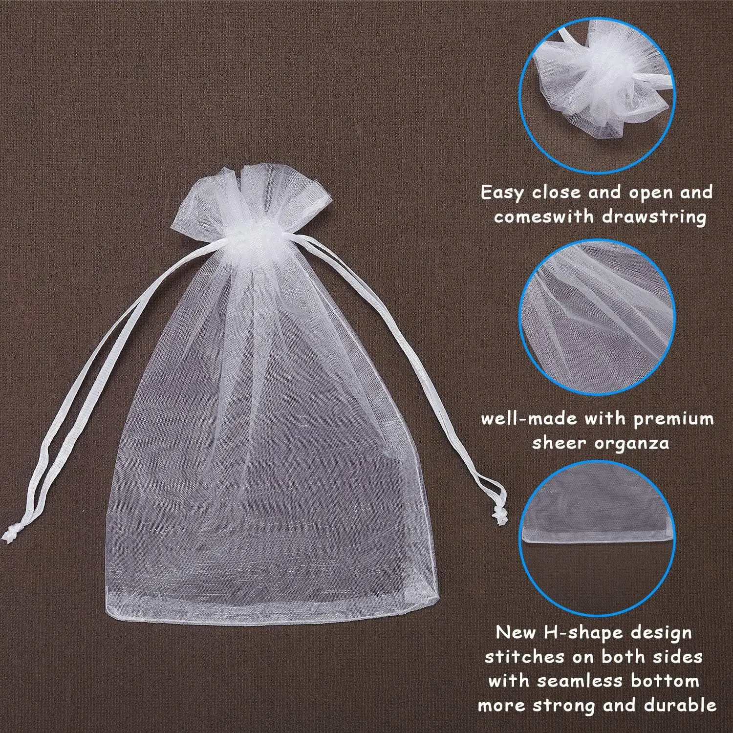 50-teiliges weißes Organzabeutel-Set für Schmuck, Geschenk, Party-Geschenktüten mit Kordelzug für Hochzeit, Weihnachten, kleine Schmuckaufbewahrung – Detail 3
