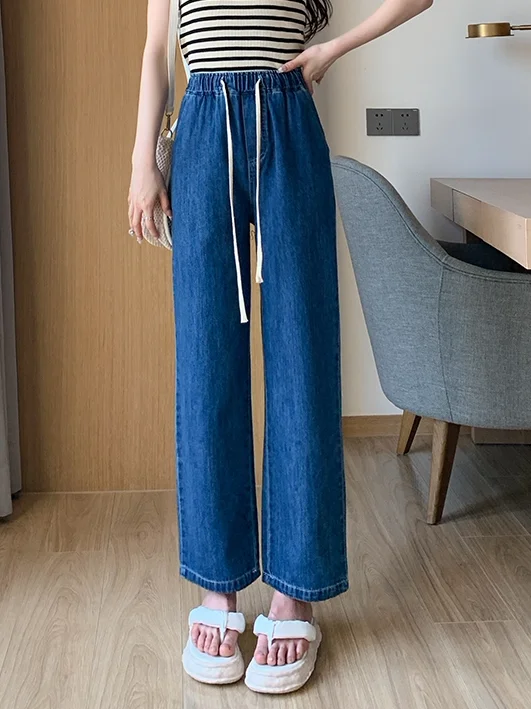 

High Waist plus Size Casual Blue Wide Leg Jeans Women's Loose Straight Cut Trousers Spring New Style Drawstring Design