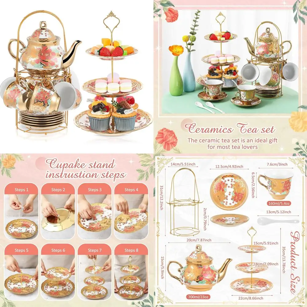 

Взрослый чайный сервиз с цветочным принтом в европейском стиле, 21 предмета, с металлическим держателем и 3-уровневой керамической подставкой для торта, фарфоровый цветочный дизайн