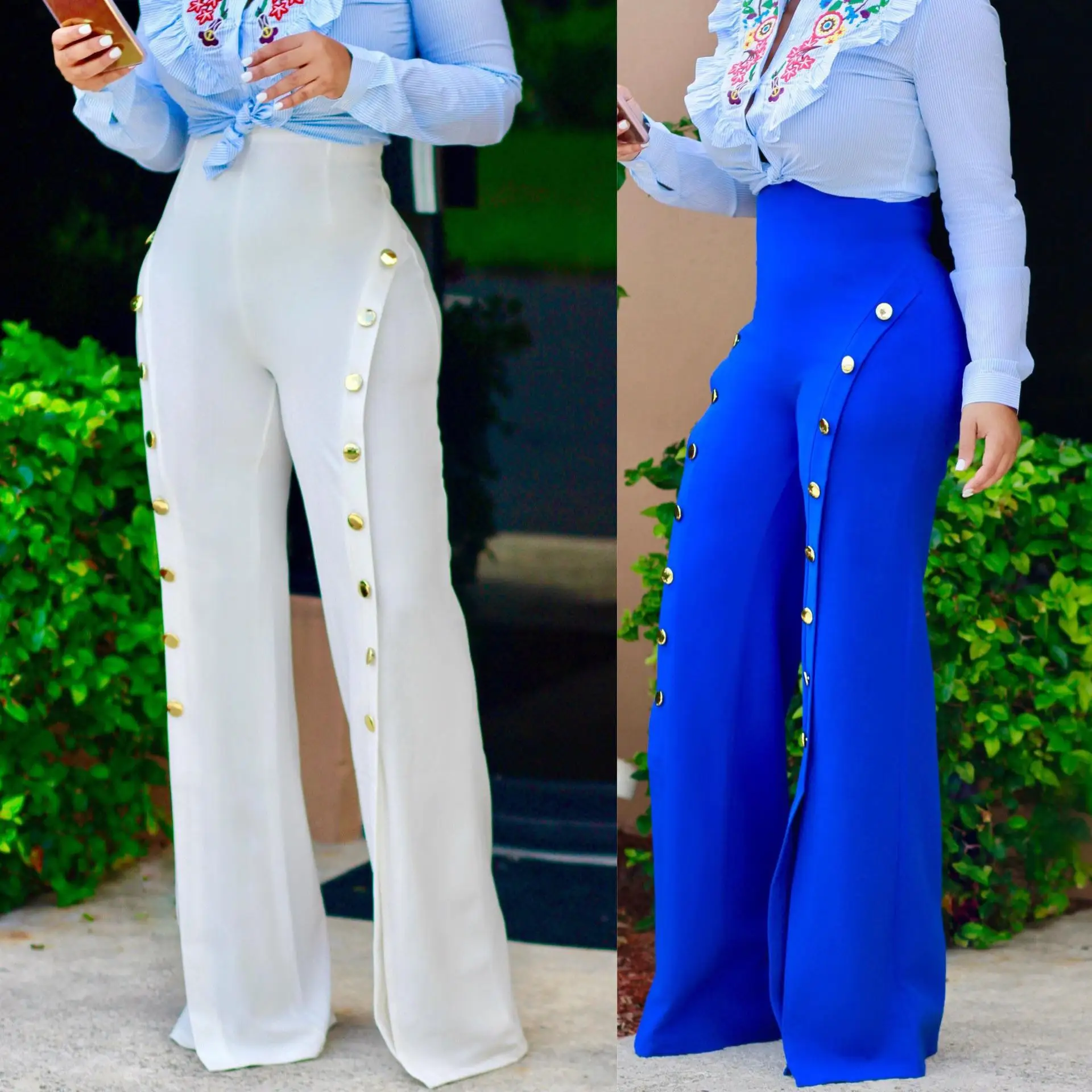 

Осенние повседневные расклешенные женские брюки с четырьмя пуговицами, широкие брюки, удобная посадка, модная женская одежда больших размеров