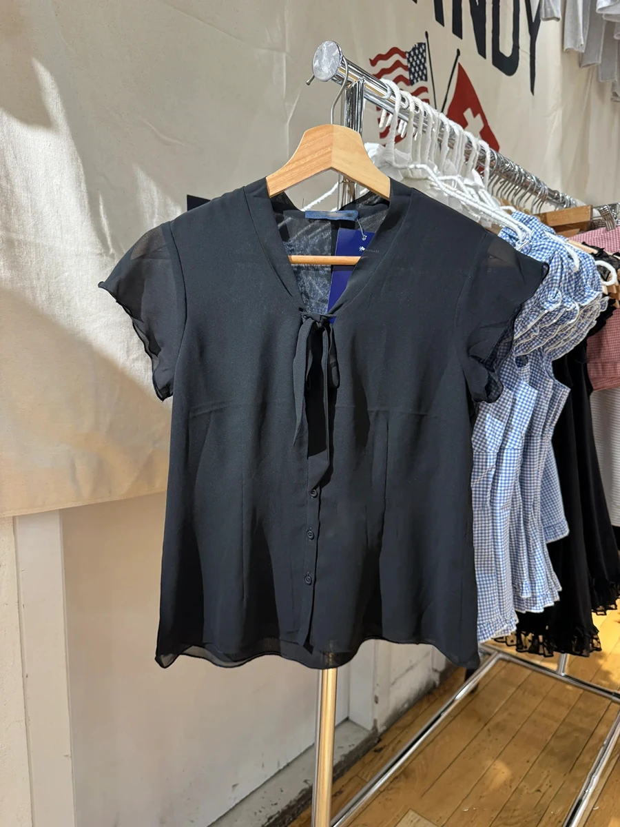 

Lace-up Black Mesh Short Sleeve T-shirts Women V-neck Single Breasted Summer Tee Tops Female Solid Simple Sweet T Shirt Y2k New