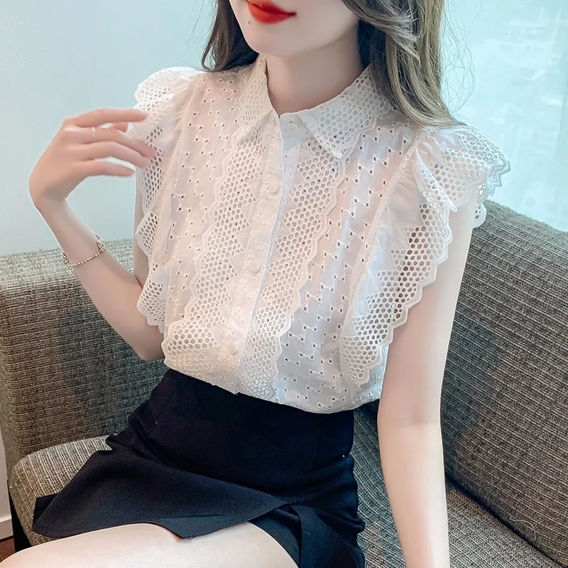 Elegant Fashion Flying Sleeve Blouses Women Korean Lace Hollow Out Blusas Mujer Summer Aesthetic Button Shirts Embroidery Tops