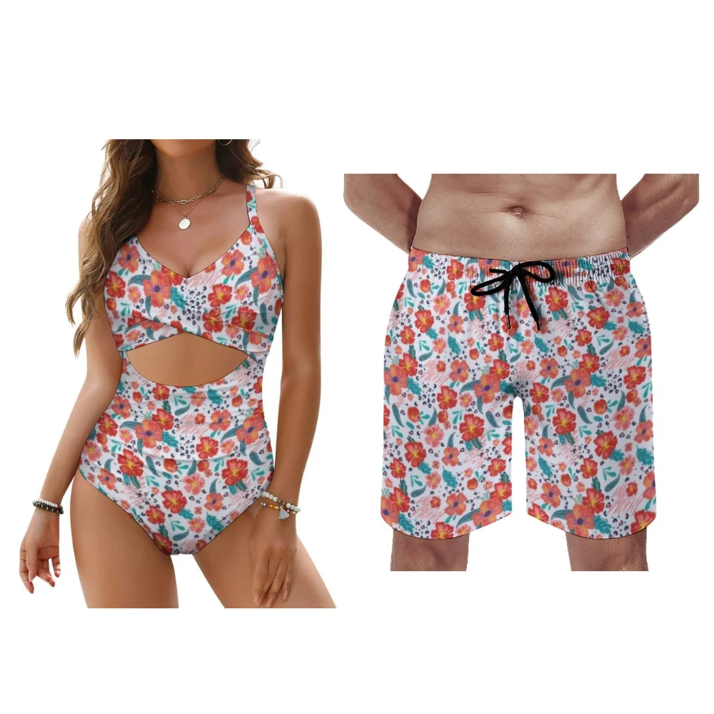 Bikini para mujer, pantalones de playa para hombre, trajes para parejas, patrones personalizables, estilo floral de verano, adecuado para uso en vacaciones