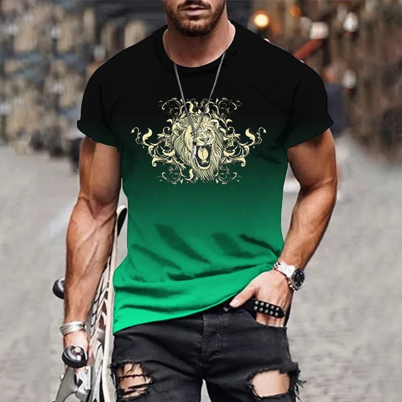 

Summer Men's Gradient T-Shirt 3D Print Golden Lion Pattern Short Sleeve Fashion Outdoor Street Social Sports Breathable Man Tees