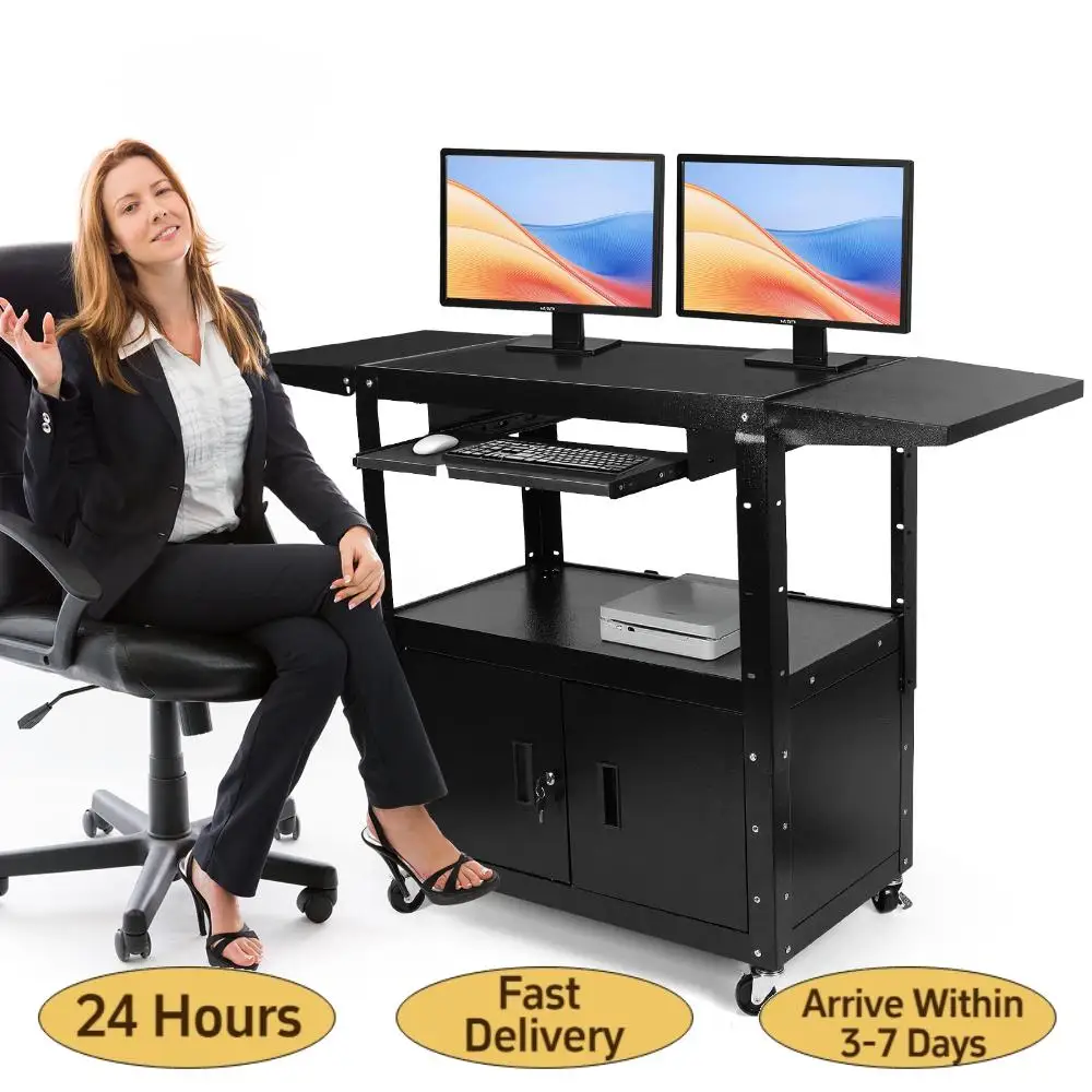 

Large AV Cart with Locking Cabinet Rolling Media Cart Height Adjustable with Pullout Keyboard Tray & Cord Management for Office