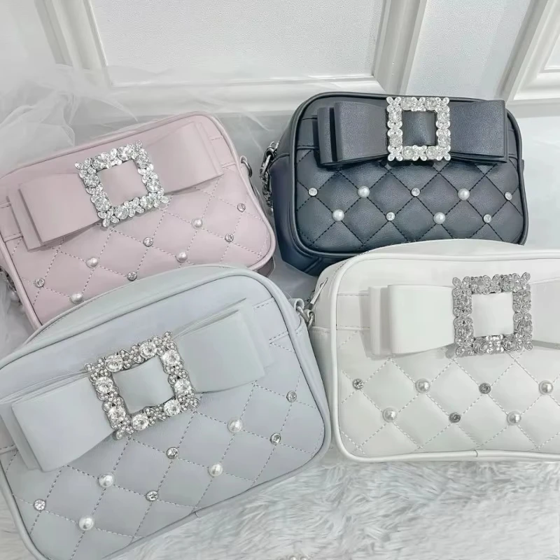 

Квадратные сумки с милым бантом, модные украшения с бриллиантами, милые повседневные сумки на плечо, однотонные женские сумки с ромбовидным узором