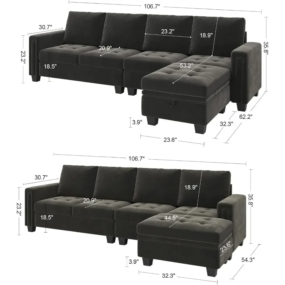 Velvet Reversible Sectional Sofa with Chaise Convertible L Shaped 4-seat Sectional Couch with Storage Ottoman