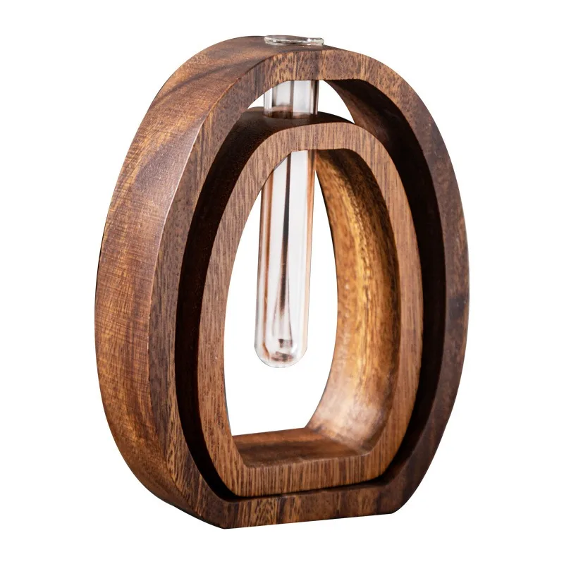 

Walnut flower device Hydroponic plant flower arrangement Solid wood glass desktop creative small ornament Glass test tube vase