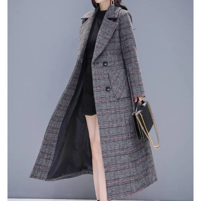 Manteau en laine à carreaux à manches longues pour femmes, pardessus d'automne pour dames, coton chaud, long, décontracté, hiver, 2022