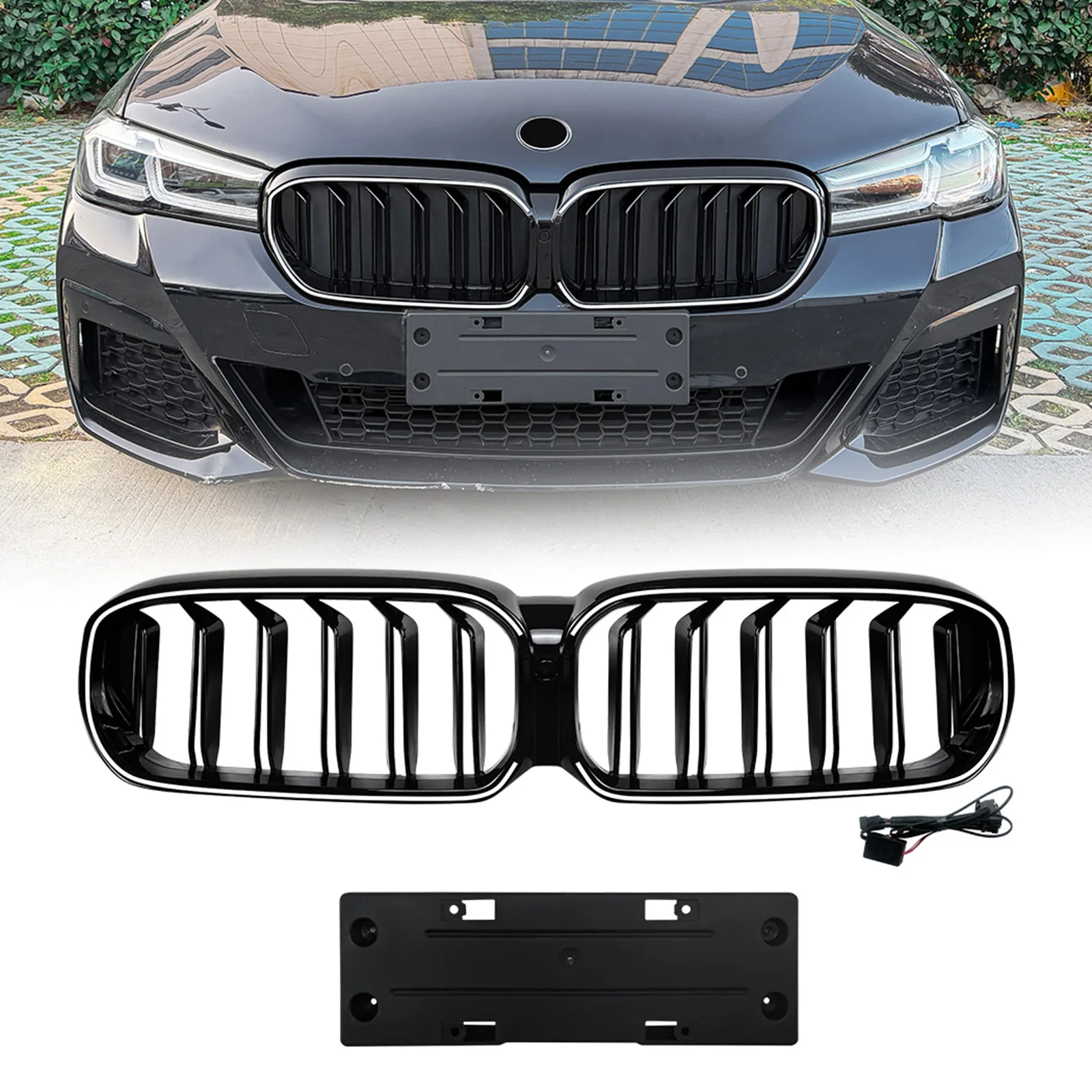 

For BMW 5 Series G30 G31 530i 550i LCI 2021-2023 Front Kidney Grille Racing Grill All Black Upper Bumper Hood Mesh Grid