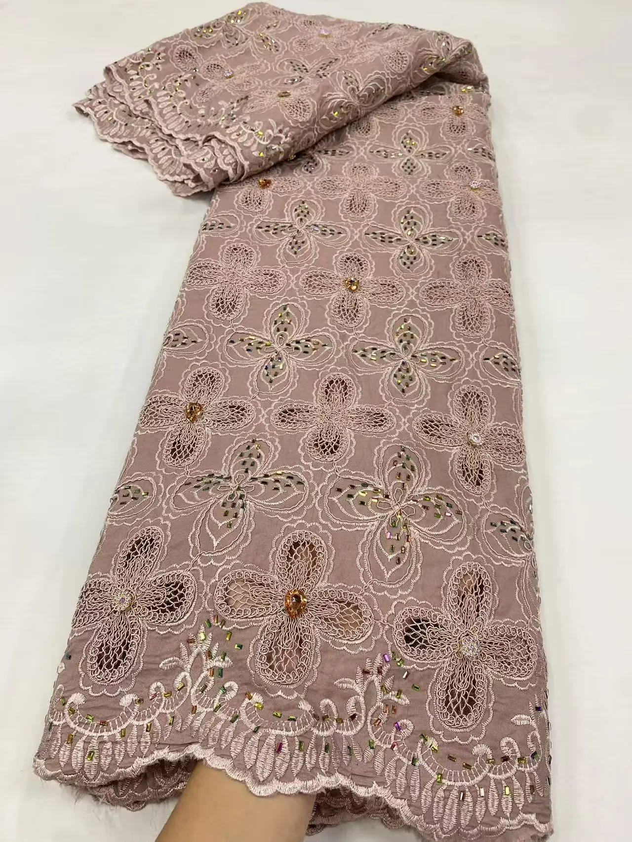 قماش دانتيل أفريقي 5 ياردات جودة عالية 2025 النيجيري الحبل جبر أقمشة الدانتيل قماش الشيفون الأبيض لفستان الزفاف Hm203-1 #6