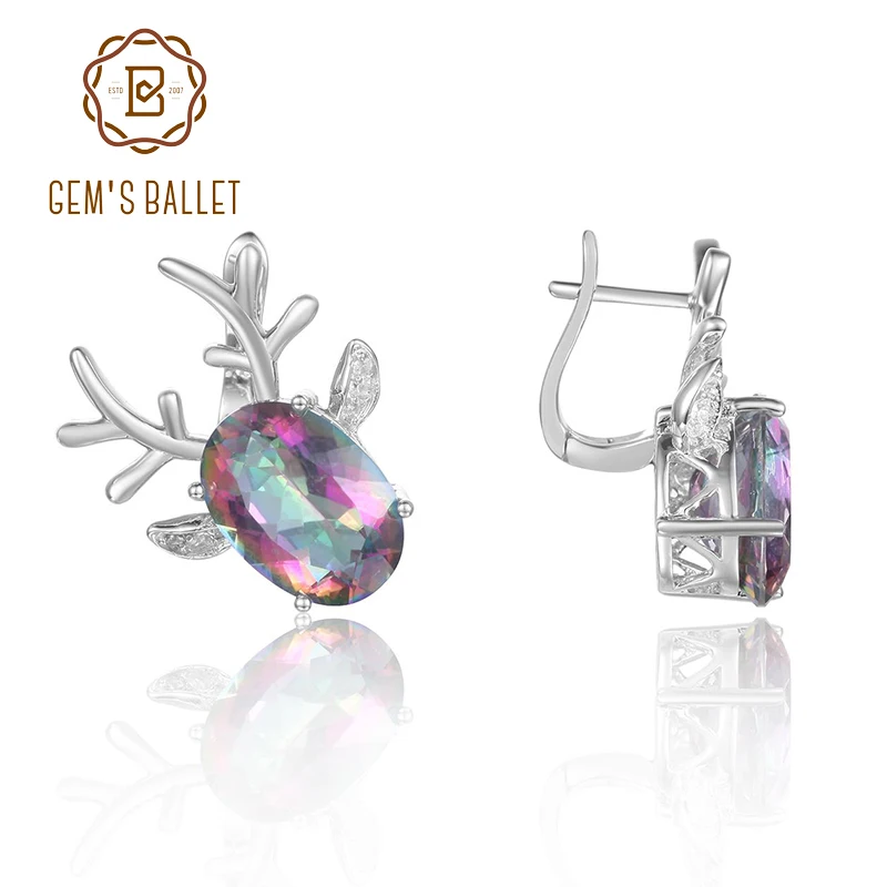 GEM'S BALLET Antler Deer Women's Earrings 10x14m Oval Mystic Fire Topaz Classic Gemstone Clip Earrings in Sterling Silver