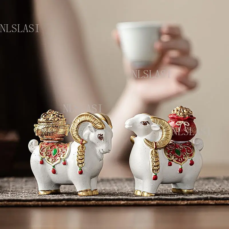 Chinese Color Changing Tea Pet Resin Sheep Figurine Rotating Fortune Bag Lucky Feng Shui Ornament Kung Fu Tea Set Accessories