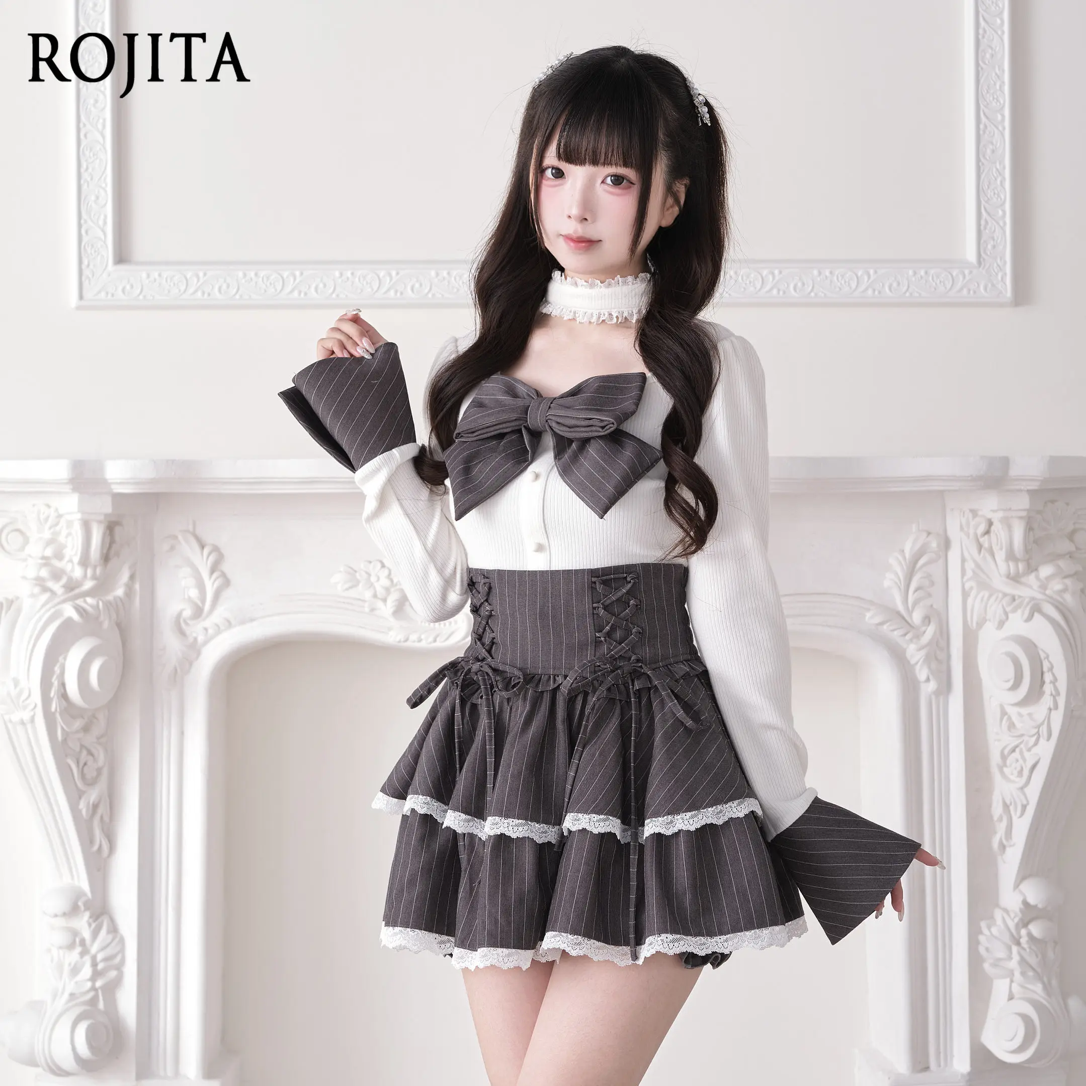 Gothic Dark Grey Pinstripe High Waist Mini Skirt Strap Lace Skirt Bow Japanese Subculture Mass Production Y2k Skirt