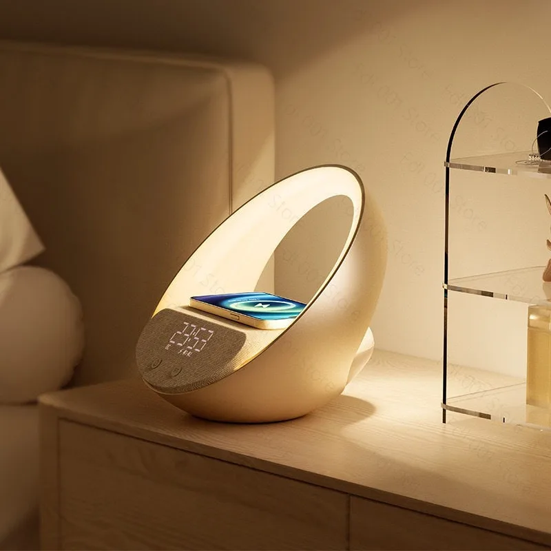 New Arrivals Novel Design  BT Music Speaker 4 in 1 Wireless Charger Lamp With Alarm Clock Bedside Night RGB Lamp