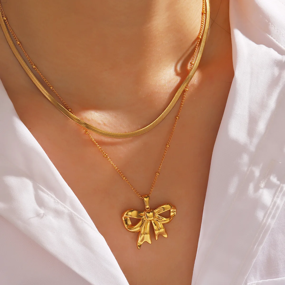 PRISCA | Stainless Steel Bow Necklace for Women and Girl Sweet and Romantic Gift 18K Gold Trendy Hot Sale