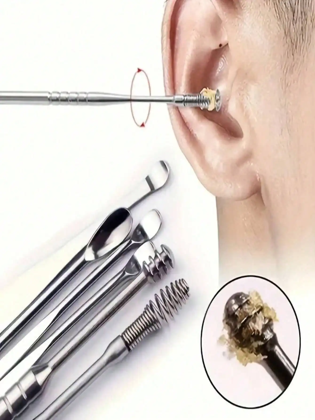Ear Wax Removal Tool Set, 6pcs Stainless Steel Spiral Ear Picks, Reusable Ear Cleaning Tools for Ear Care