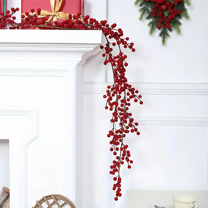 1Pcs Artificial Red Berry Garland Christmas Decoration Vine Berries Flowers Decor Easy Setup New Year Party Home Table Ornaments