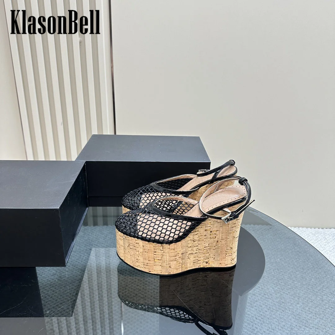 7.22 KlasonBell Women Fashion Thick Sole Mesh Sandals Wedges Heel Patent Leather Buckle Strap Sandals