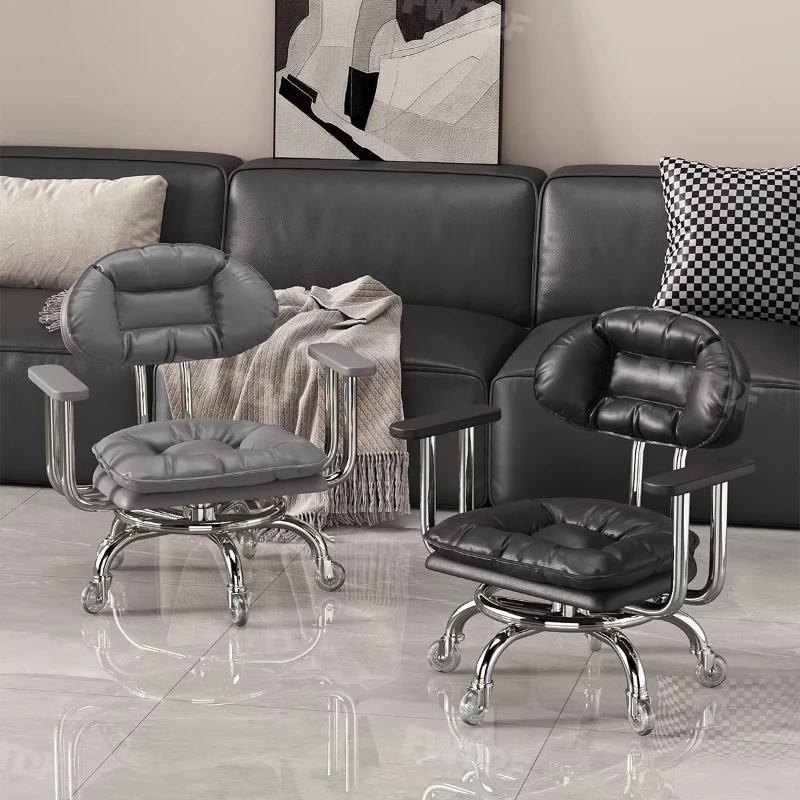 Simple Black Mobile Rolling Stool Living Room Low Backrest Chair for Home Premium Small Bench Swivel