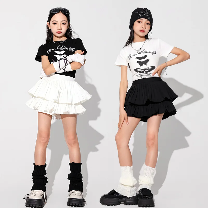 Fashion Children Dance Clothes Hip Hop Costume 4 Girls T Shirt Skirt Jazz Ballroom Dancing Competition Stage Outfit Korean Style