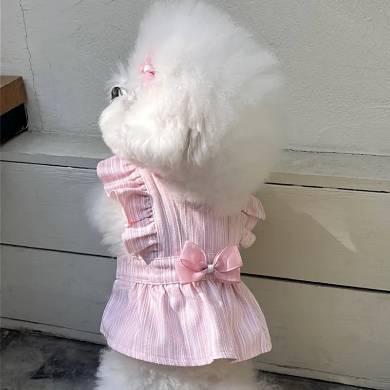

Sweet Pink Clothes for Puppies Beautiful Dresses for Pets Teddy Summer Vertical Striped Camisoles Clothes for Female Dogs
