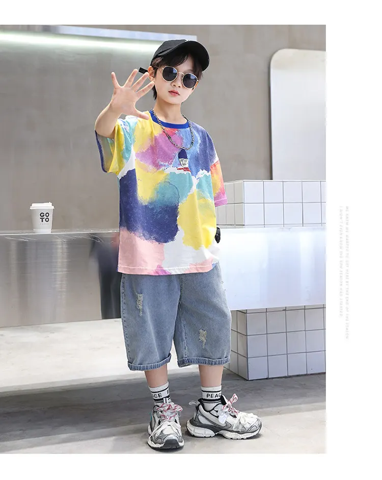 Sommer Tie-Dye Coole Kinder Jungen Freizeit-Oberteile Bedrucktes Trendiges Kinder-T-Shirt Kurzarm Teenager-T-Shirts Baumwoll-T-Shirt 4-14 Jahre Alt – Detail 7