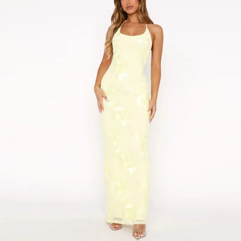 Sexy Stickerei Jacquard Spitze-up Halter Leibchen Kleid Frau Elegante Dünne Bodycon Langes Kleid Sommer Backless Split Bankett Kleid