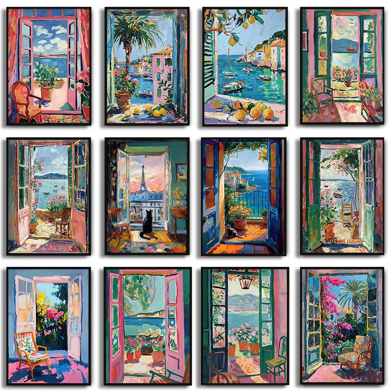 1Pc Frameless Open Window Henri Matisse Print, Henri Matisse Style Fauvism Painting,Mediterranean Sea,Orange Tree,Coastal Vie