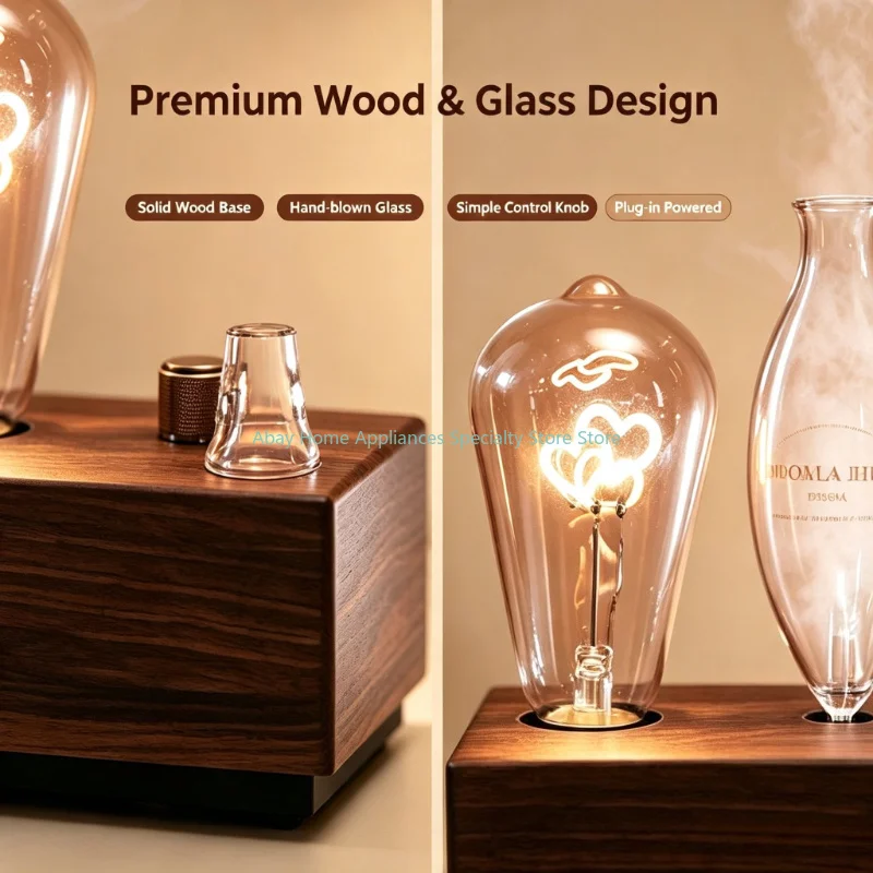 Waterless Nebulizing Essential Oil Diffuser Heart Shaped Light Wooden Glass Aromatherapy Nebulizer Electric Fragrance Machine
