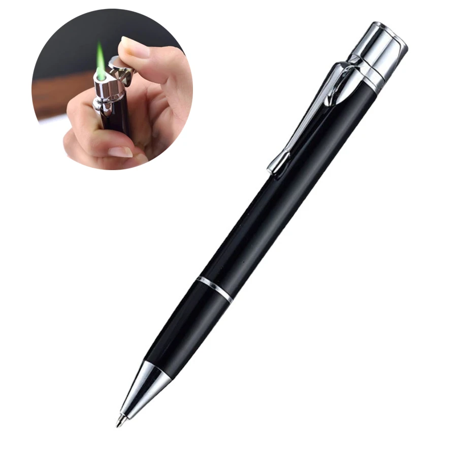 Creative Ballpoint Pen Lighter Metal Windproof Jet Green Torch Lighter Butane Gas 1300C Cigar Lighter Men's Gadget Gift