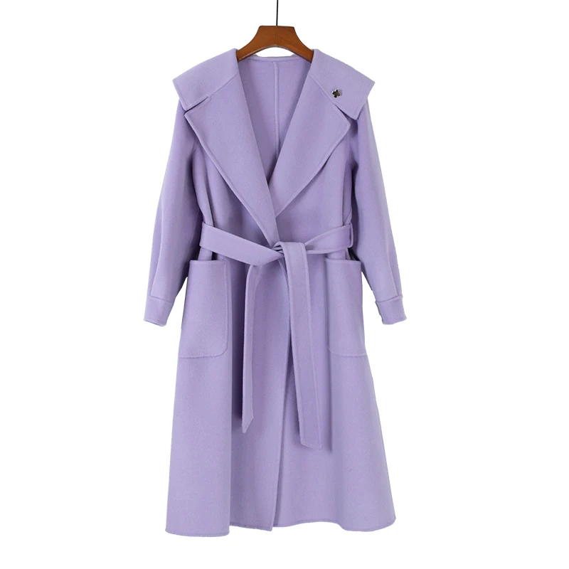 

2023 New Simple Double-sided Cashmere Coat Women Mid-length Lace-up High-end Big Lapel Wool Coat Slim Temperament Coat Autumn Wi