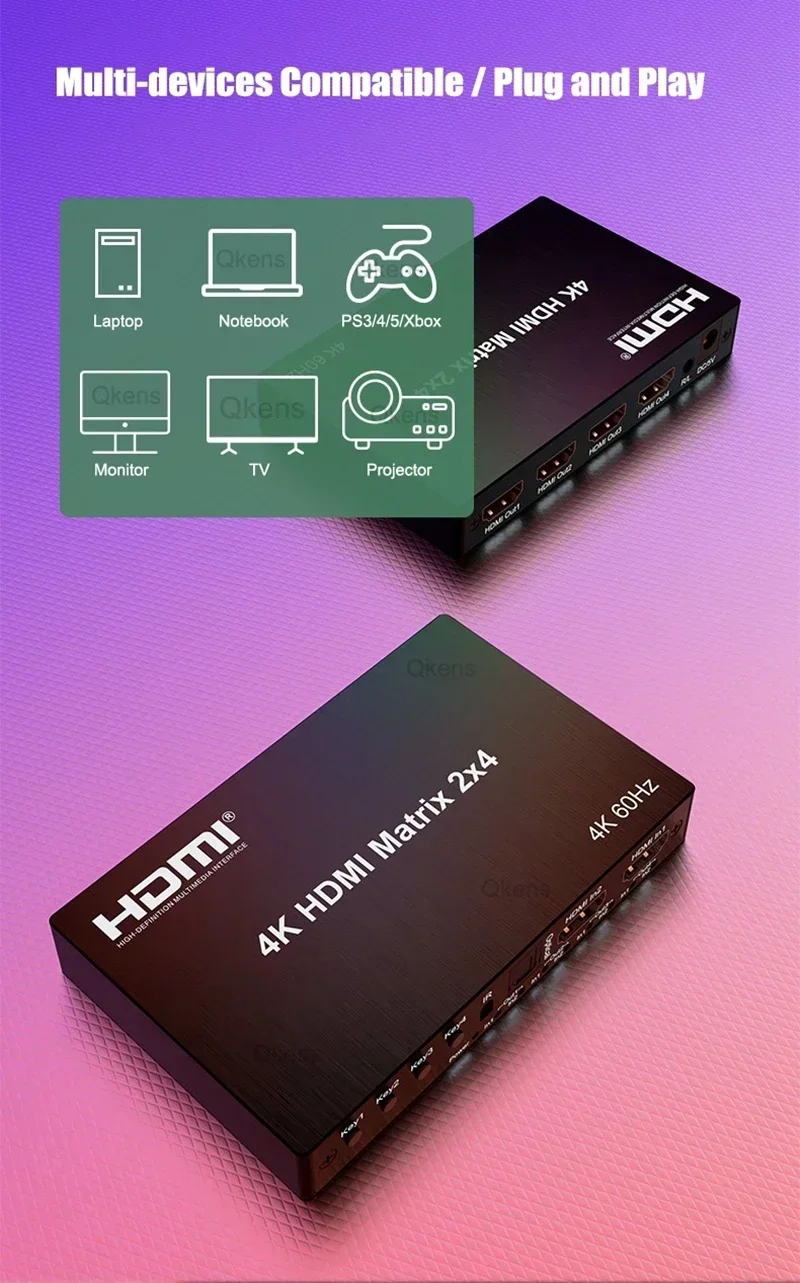 4K@60hz HDMI Matrix 2x4 2 In 4 Out HDMI2.0 Splitter Switcher Optical 3.5mm Audio Extractor 3D Video Converter for PS4/5 PC To TV