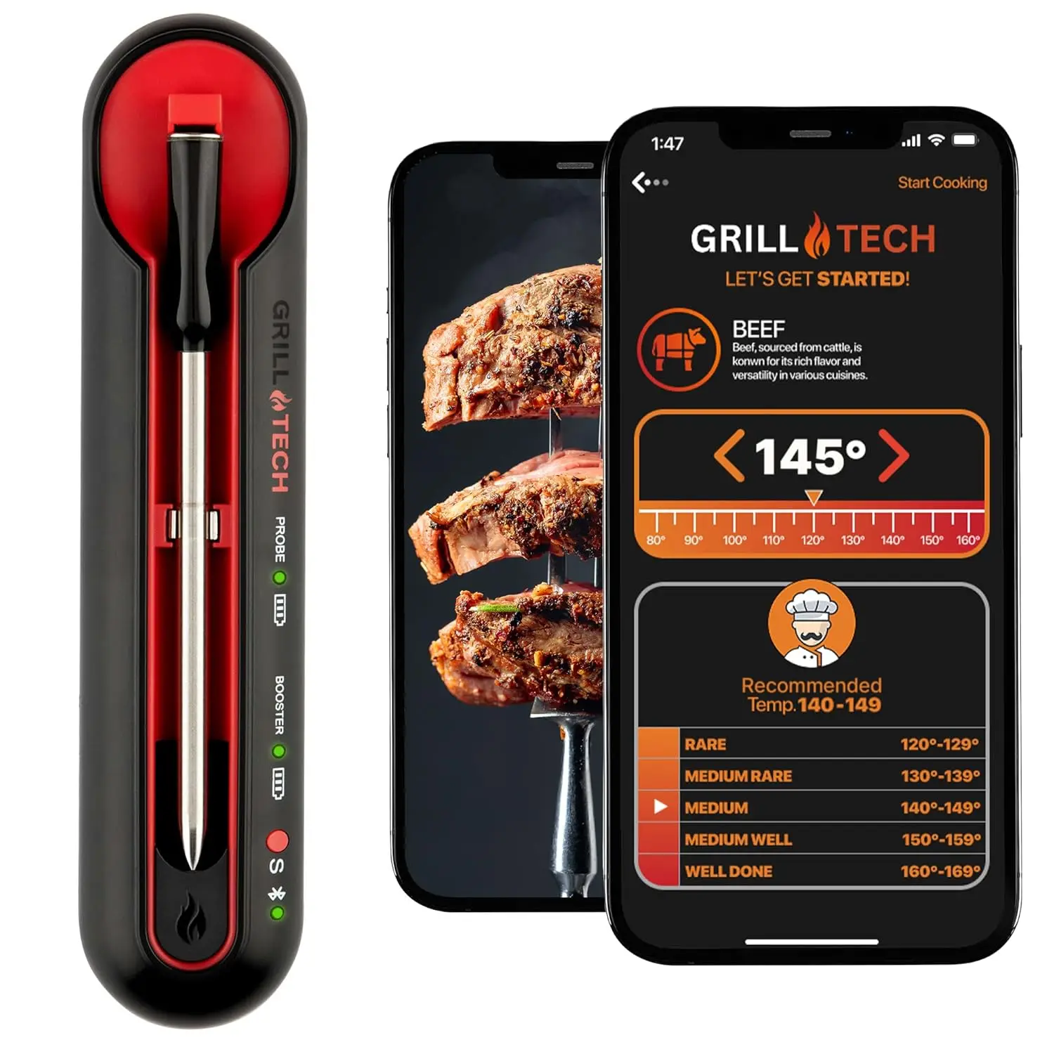 

Умный Bluetooth-термометр для мяса, беспроводной гриль и курение, диапазон 950 футов, перезаряжаемый через USB-C, точность