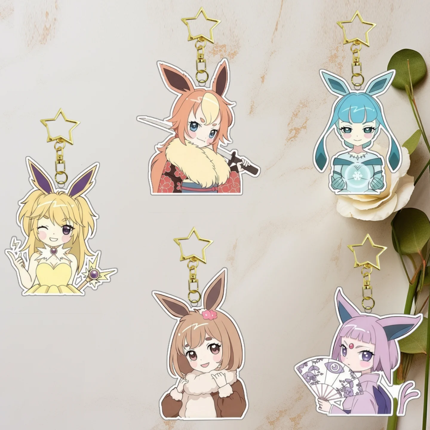 Popular Anime Character Eevee Sylveen Vaporeon Flareon Glaceon Homemade Acrylic Keychain Exquisite Bag Pendant Gift for Friends