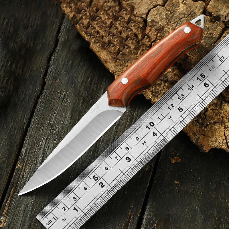 Stainless Steel Wooden Handle Knife, Portable Sharp High Hardness Fruit Knife, Outdoor Camping Tools Straight Knife With Sheath