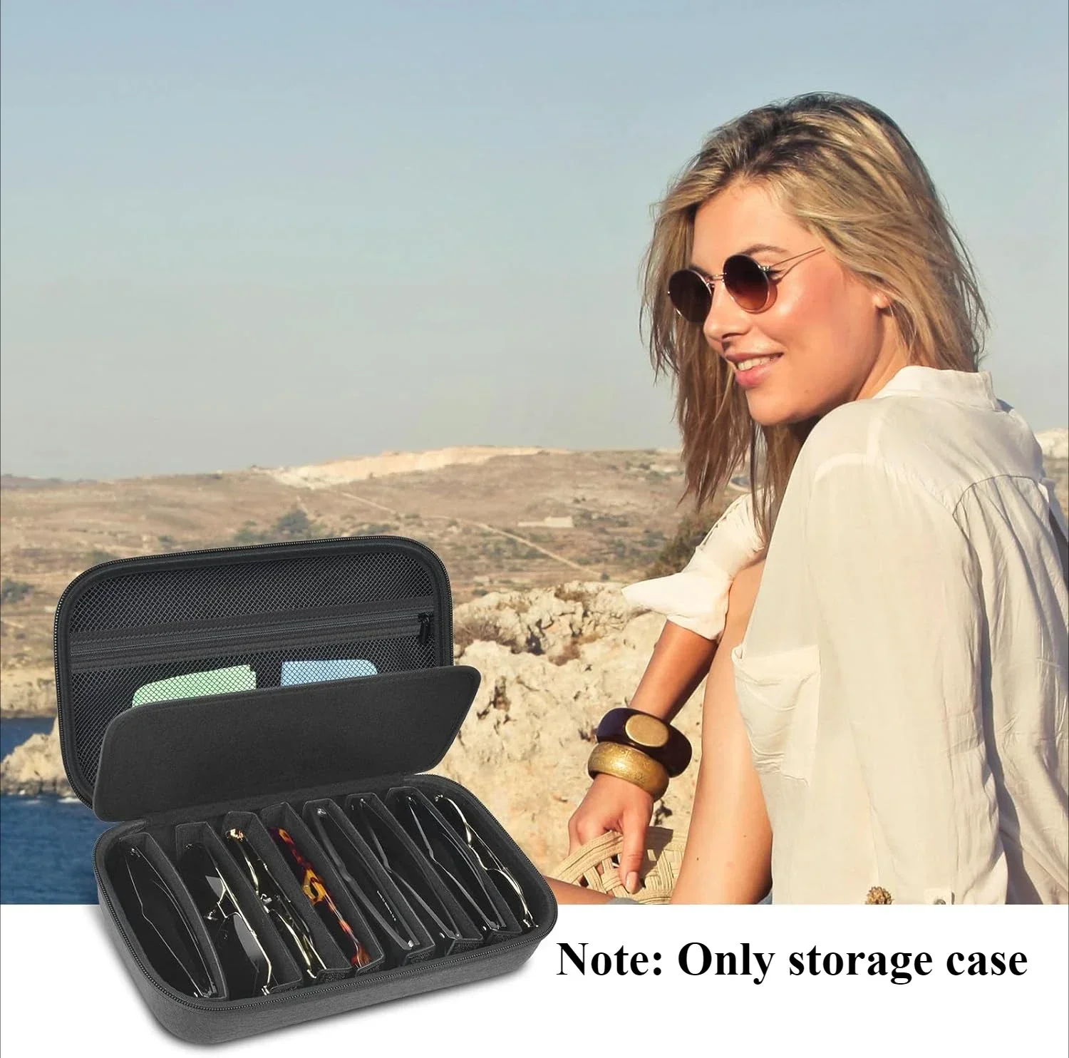 حافظة نظارات ذات هيكل صلب، صندوق نظارات محمول للسفر، منظم تخزين كبير الحجم للنظارات الشمسية، مضاد للسحق، أسود