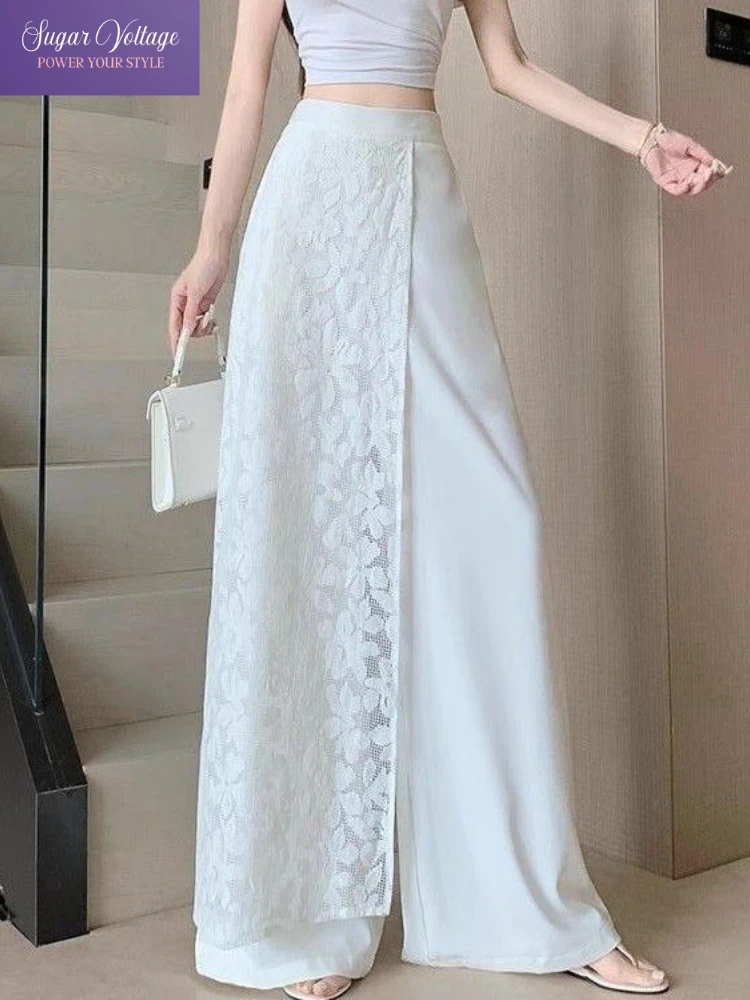 Korean Sweet Lace Patchwork High Waist Wide Leg Pants Women Plus Size Summer Thin Fake Two Piece Loose Elegant Office Trousers