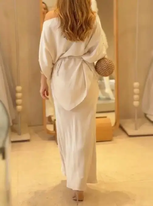 Women's Bat Sleeve Asymmetric Hem Top and High Waist Side Zipper Mermaid Hem Long Dress Set Elegant Satin Evening Dress